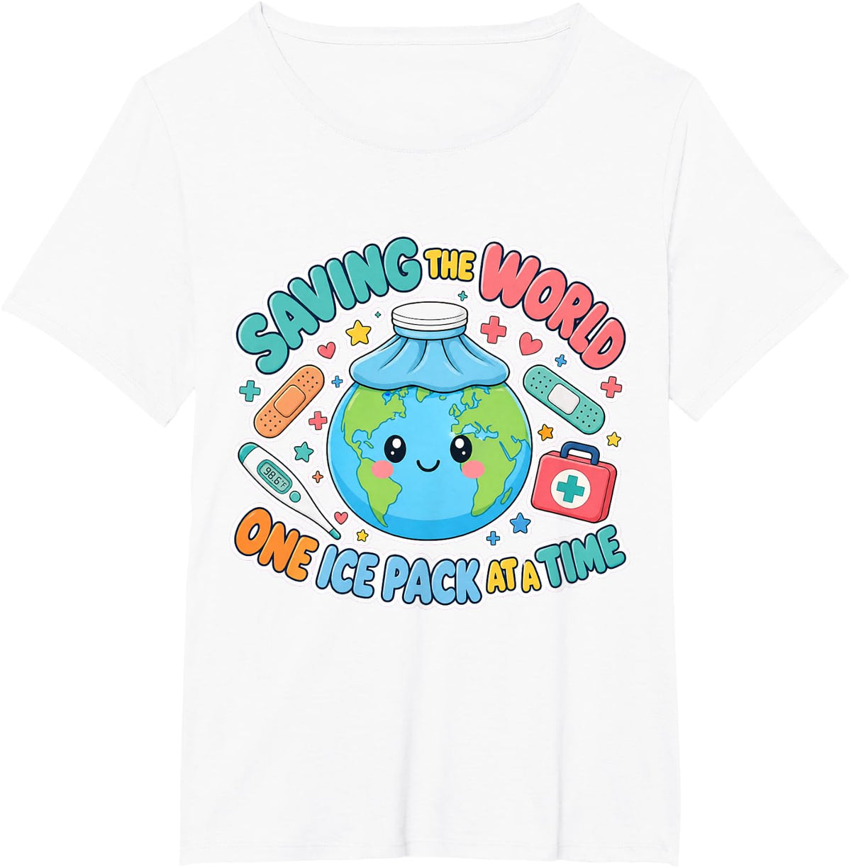 School Nurse Cold Pack World Saver Badge T-Shirt - White