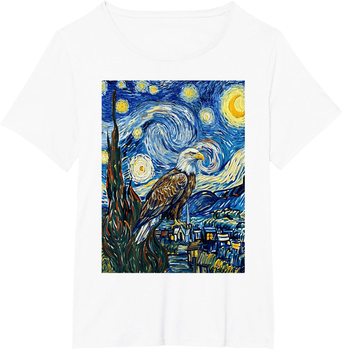 Van Gogh Starry Night Bald Eagle Art Painting T-Shirt - White