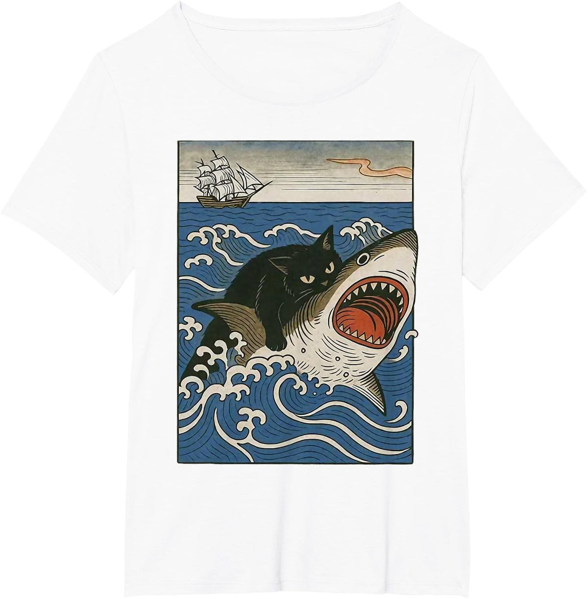 Black Cat Hunting Shark Ukiyoe Ocean Art Japanese Style T-Shirt - White