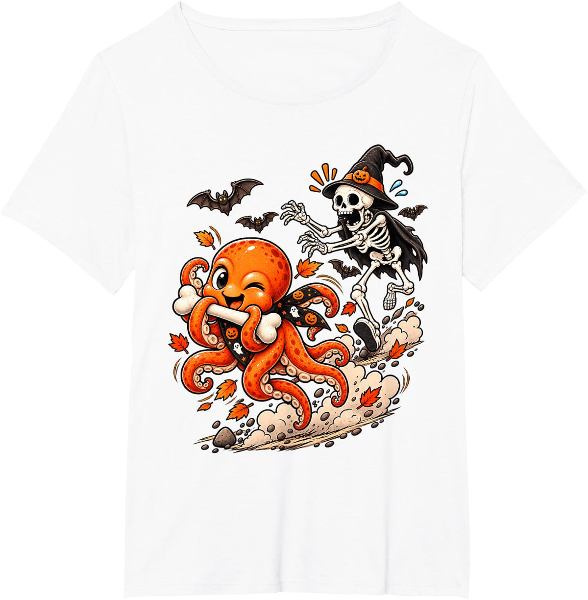 Funny Octopus Chased by Witch Skeleton Halloween Men Women T-Shirt - White
