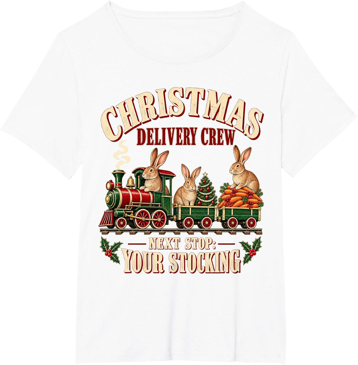 Flemish Giant Rabbit Retro Christmas Train T-Shirt - White