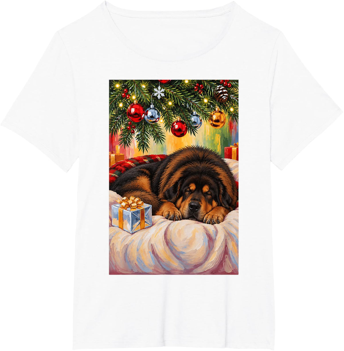 Funny Tibetan Mastiff Dog Sleeping Christmas Tree T-Shirt - White