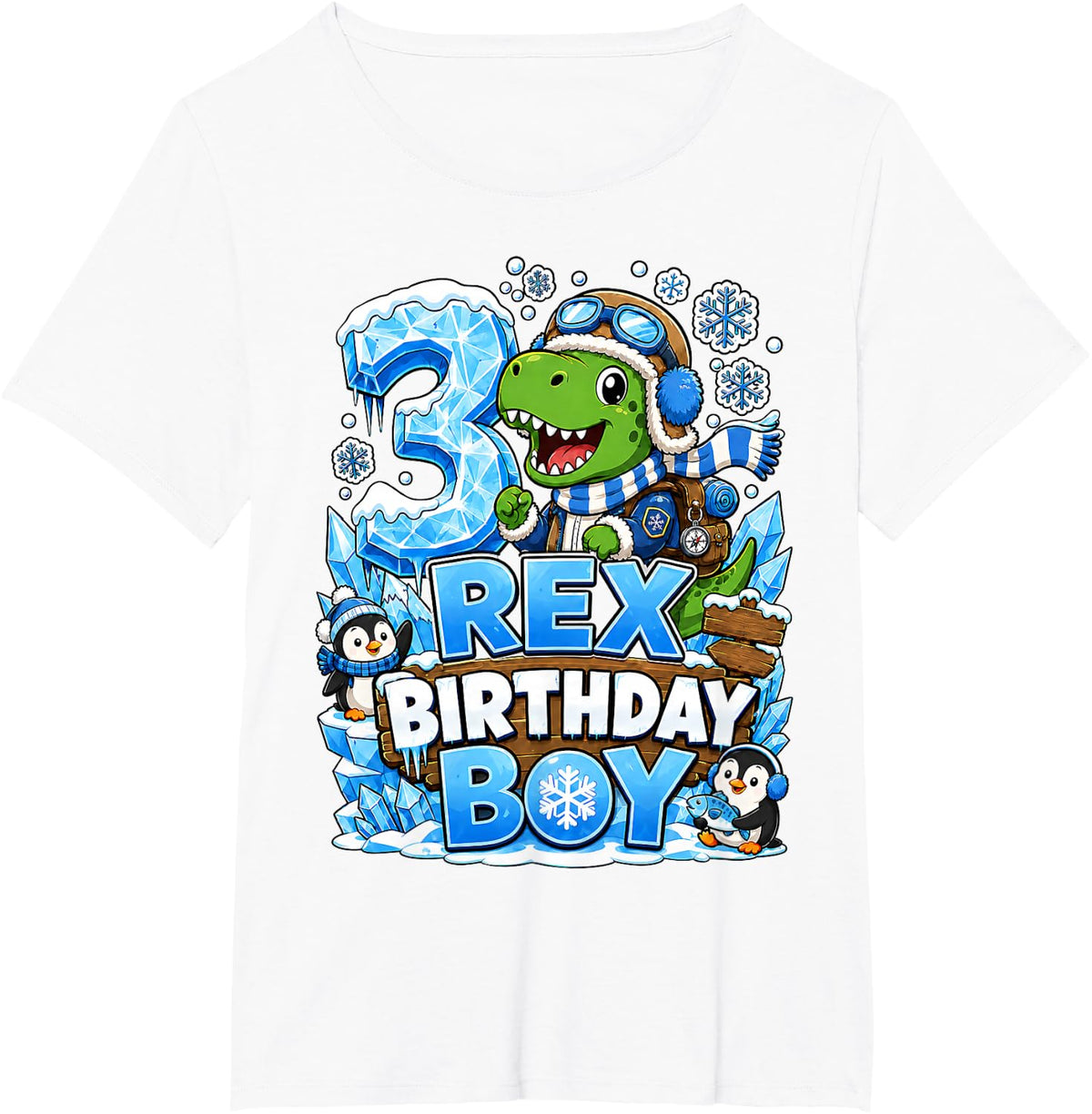 3rd Birthday Dinosaur Winter Snow Penguin Boys 3 Years Old T-Shirt - White