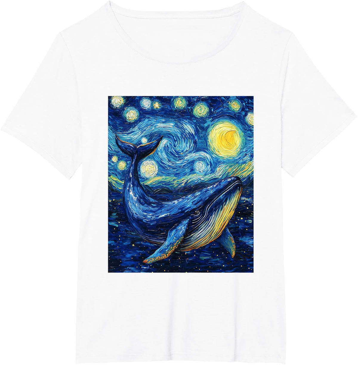 Whale Fish Van Gogh Style Starry Night Sea Graphic T-Shirt - White