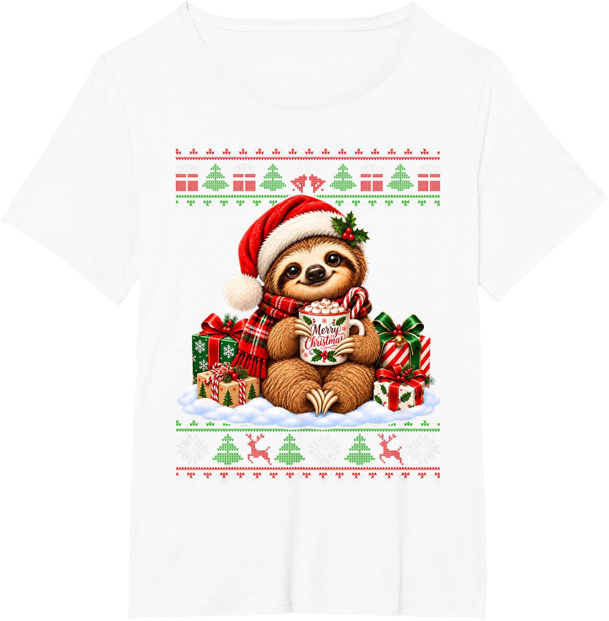Sloth Drinking Hot Cocoa Ugly Christmas Sweater Xmas Kids T-Shirt - White