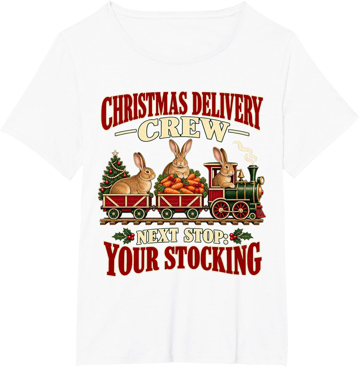 Flemish Giant Rabbit Vintage Christmas Steam Train T-Shirt - White