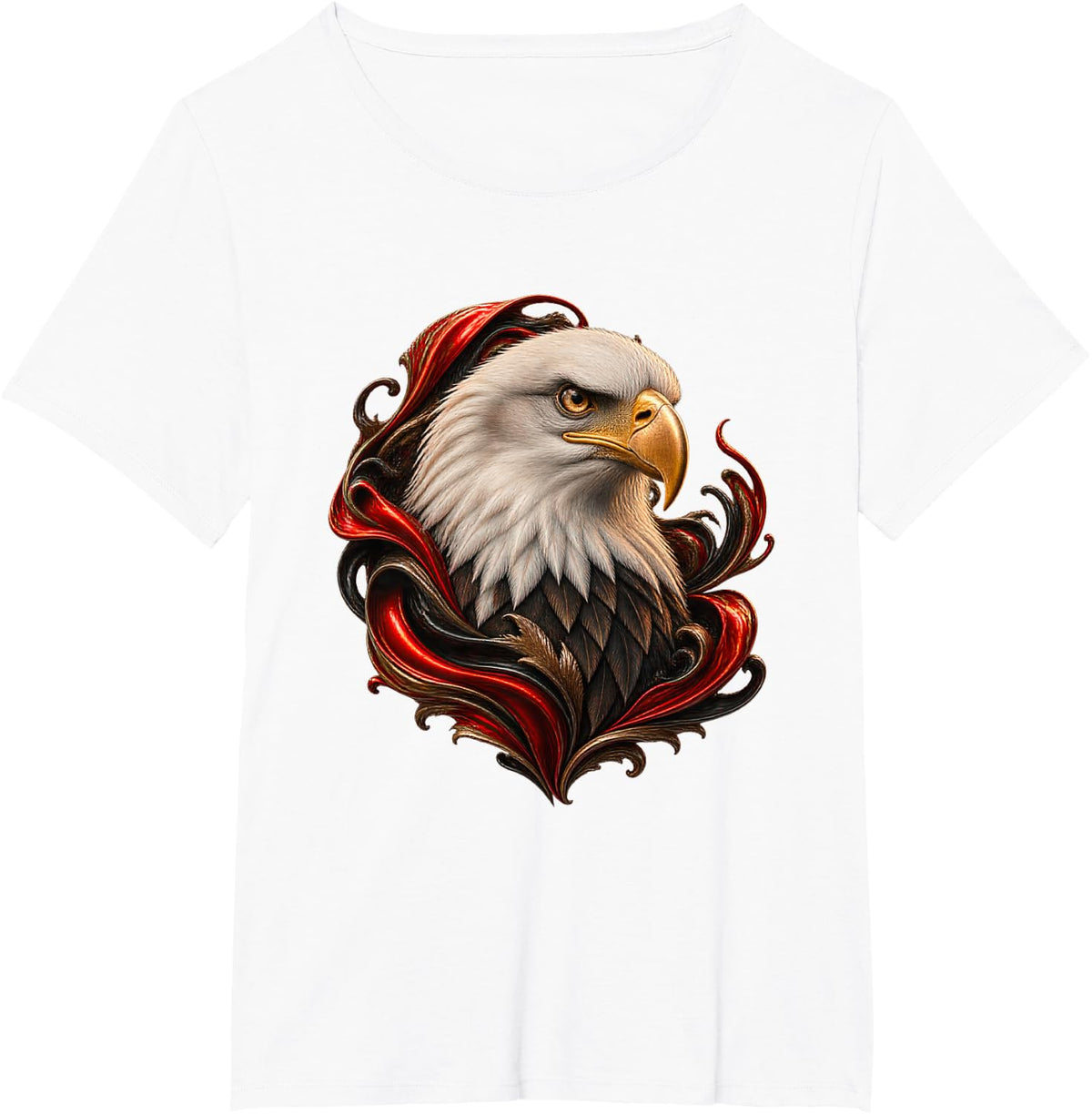 Bald Eagle with Scarlet Enamel Curves Raptor Art T-Shirt - White