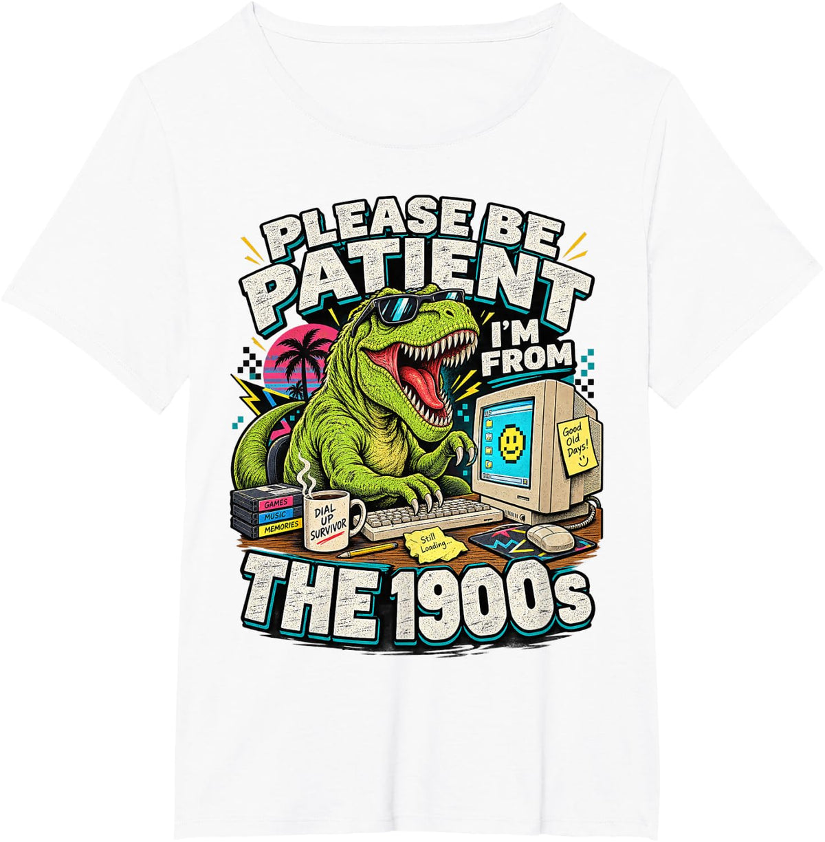 Please Be Patient 1900s Dinosaur Retro Computer Funny Art T-Shirt - White