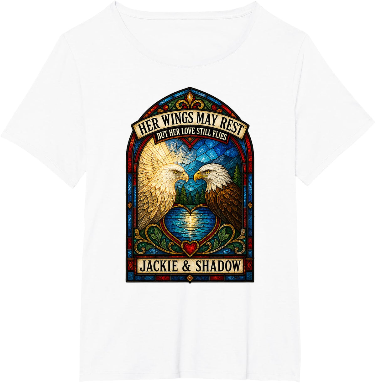 Her Wings May Rest Jackie and Shadow Bald Eagle Memorial T-Shirt - White