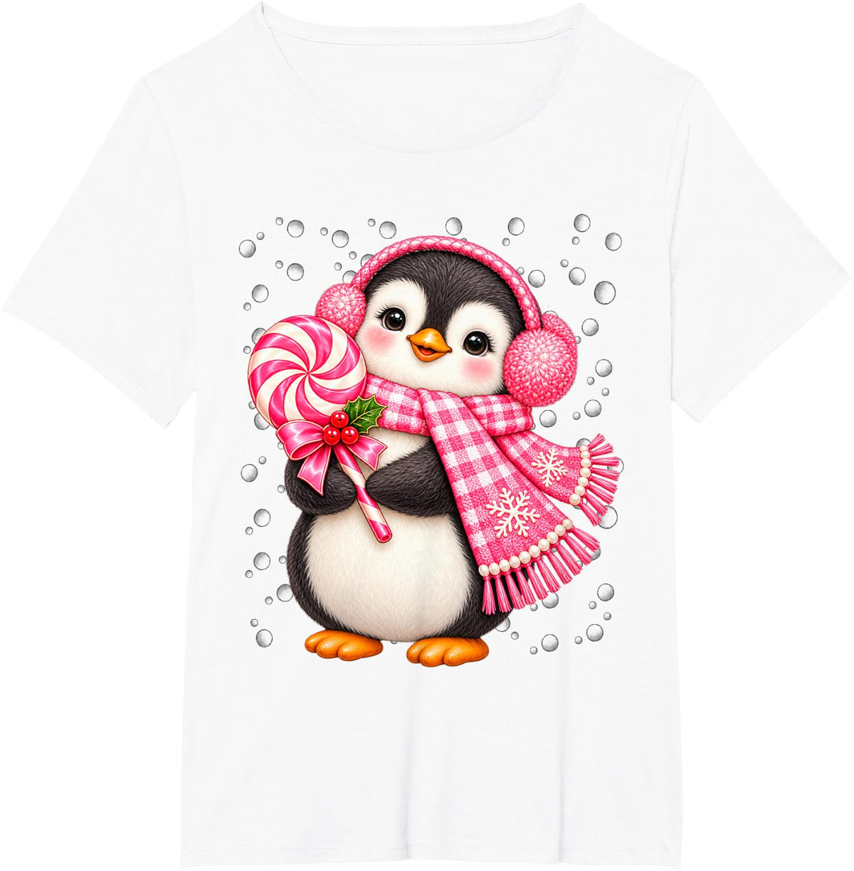 Snowy Penguin with Lollipop Festive Winter Pink Christmas T-Shirt - White