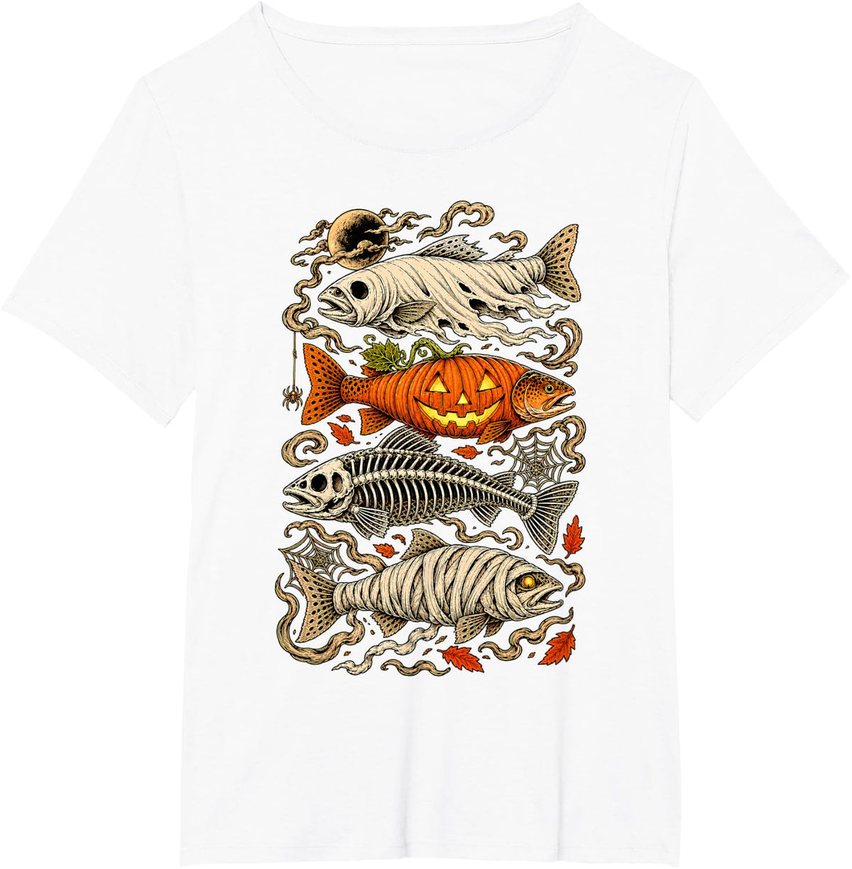 Trout Fish Halloween Ghost Pumpkin Skeleton Mummy T-Shirt - White
