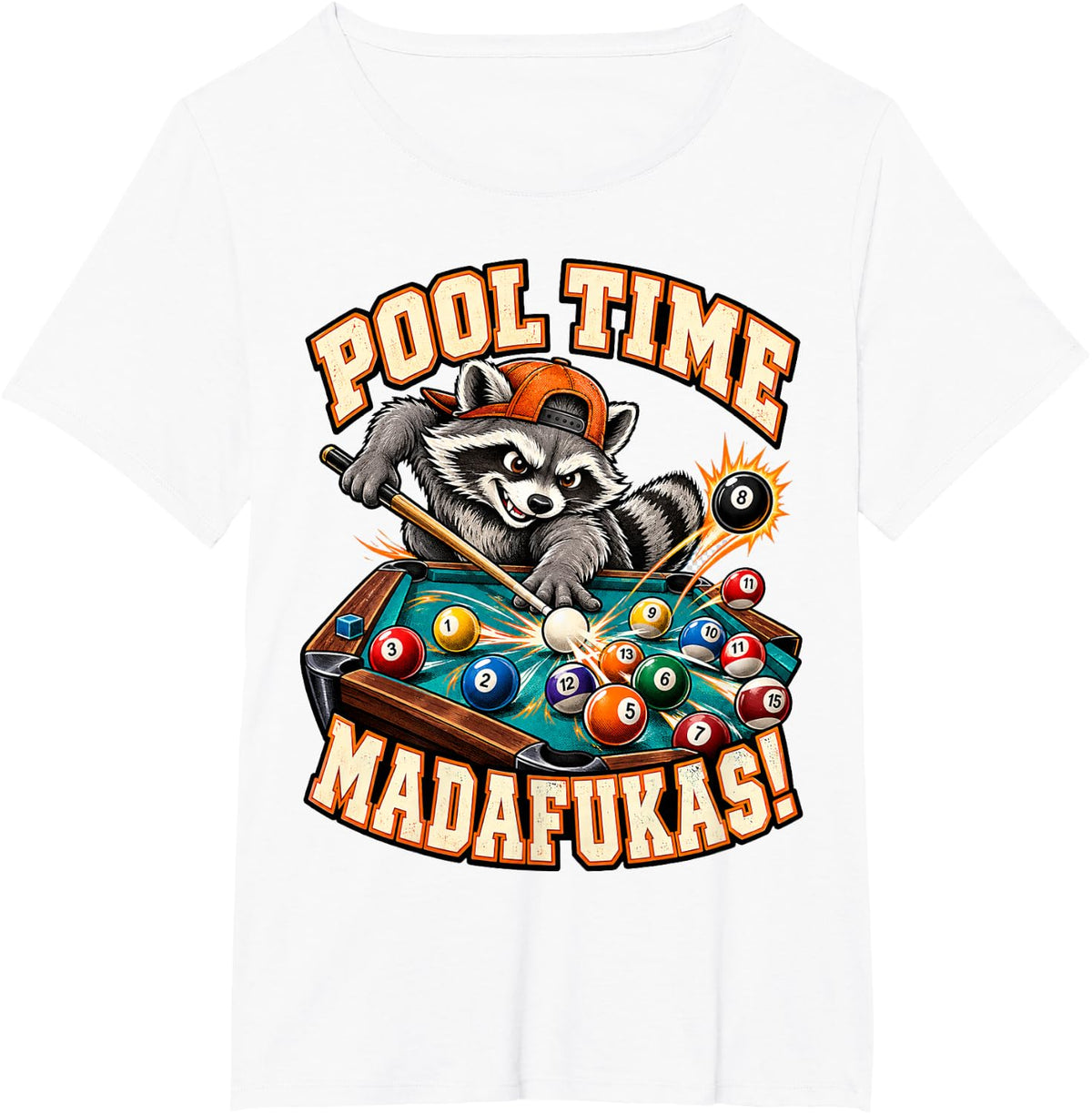 Funny Raccoon Pool Player Billiards 8 Ball Humor T-Shirt - White