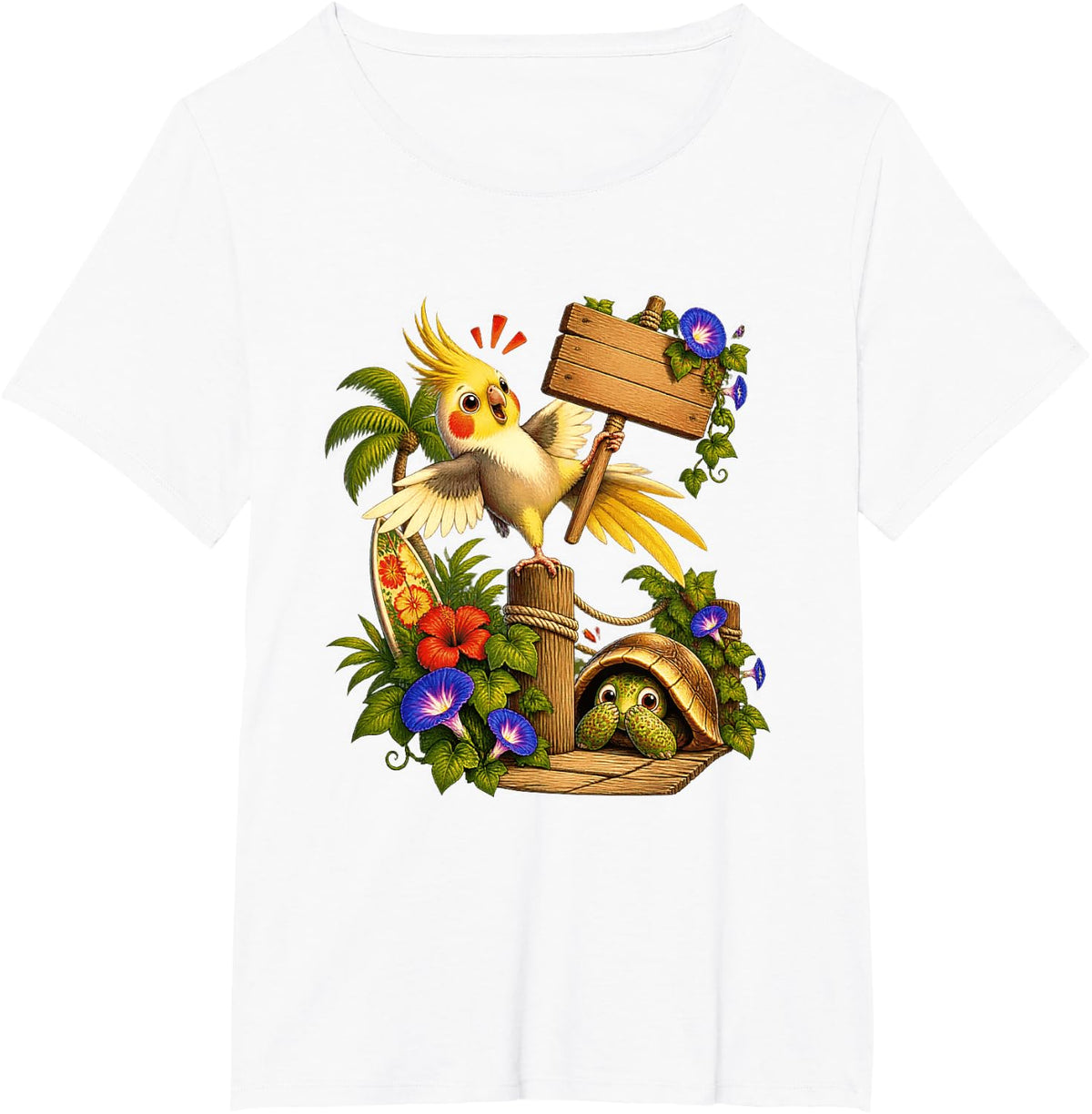 Cockatiel Balances a Tropical Signpost T-Shirt - White
