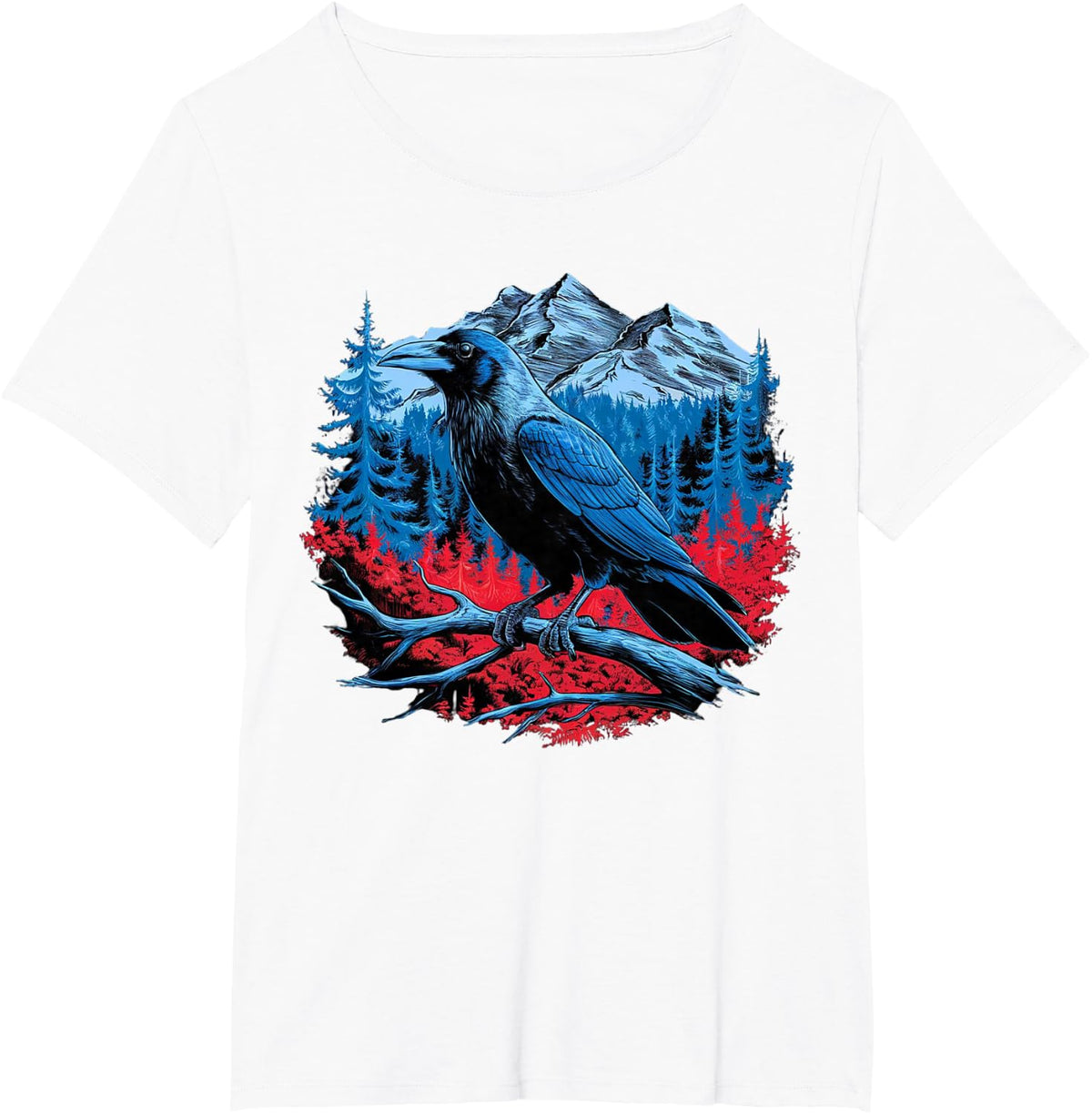 Raven Bird Mountain Forest Wilderness Nature Gothic Art T-Shirt - White