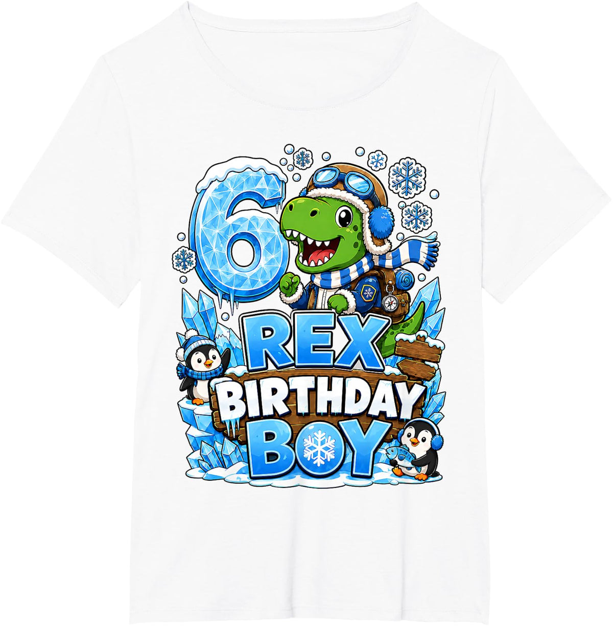 6th Birthday Dinosaur Winter Snow Penguin Boys 6 Years Old T-Shirt - White