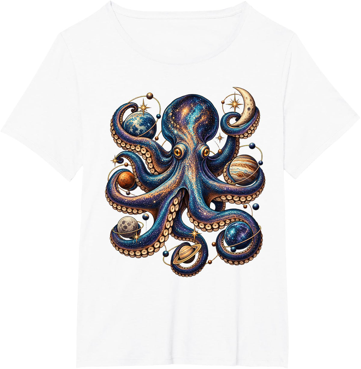 Galaxy Planet Space Octopus Ocean Animal Art T-Shirt - White