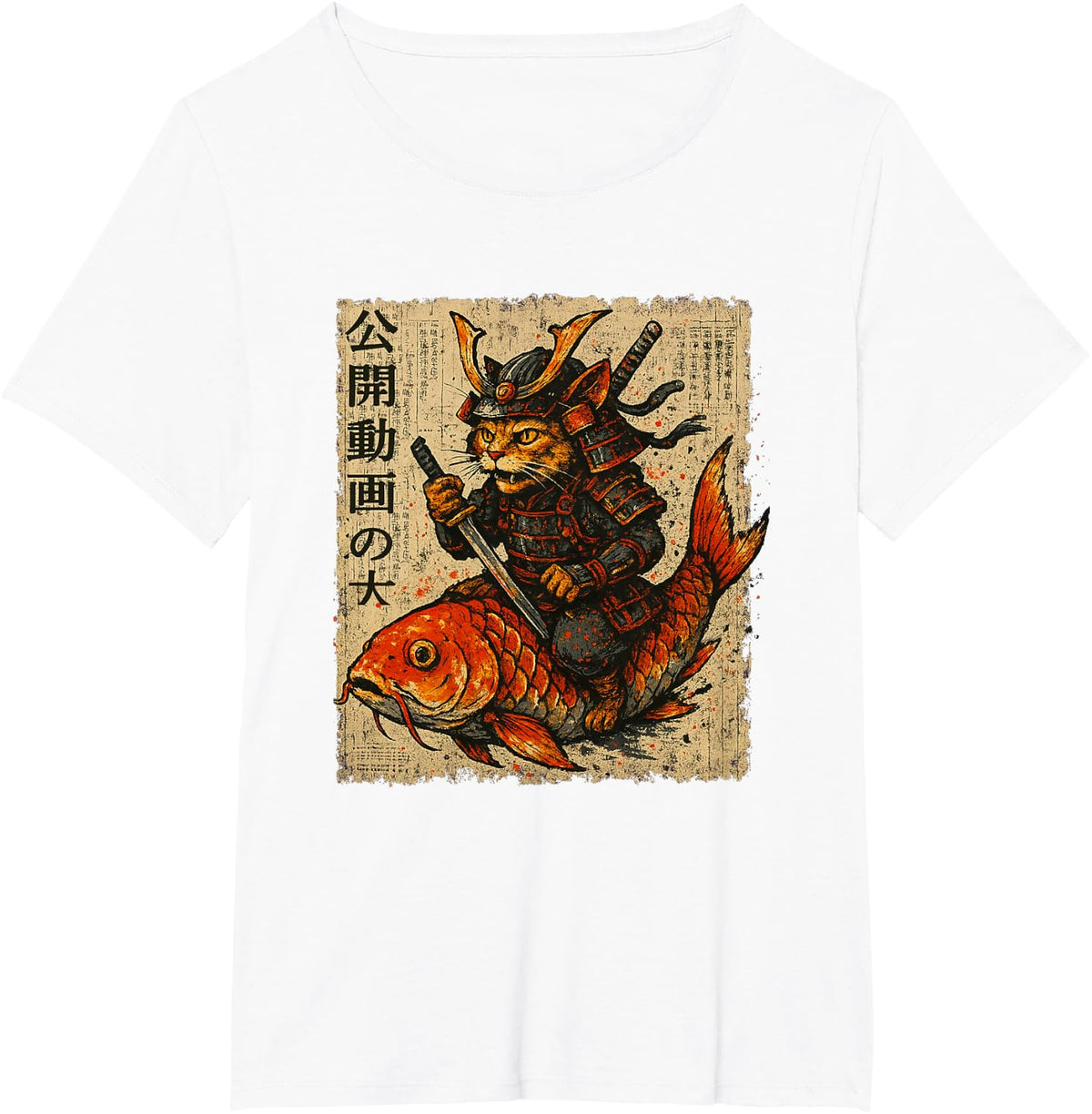 Vintage Samurai Cat Riding Koi Fish Japanese Art Style T-Shirt - White
