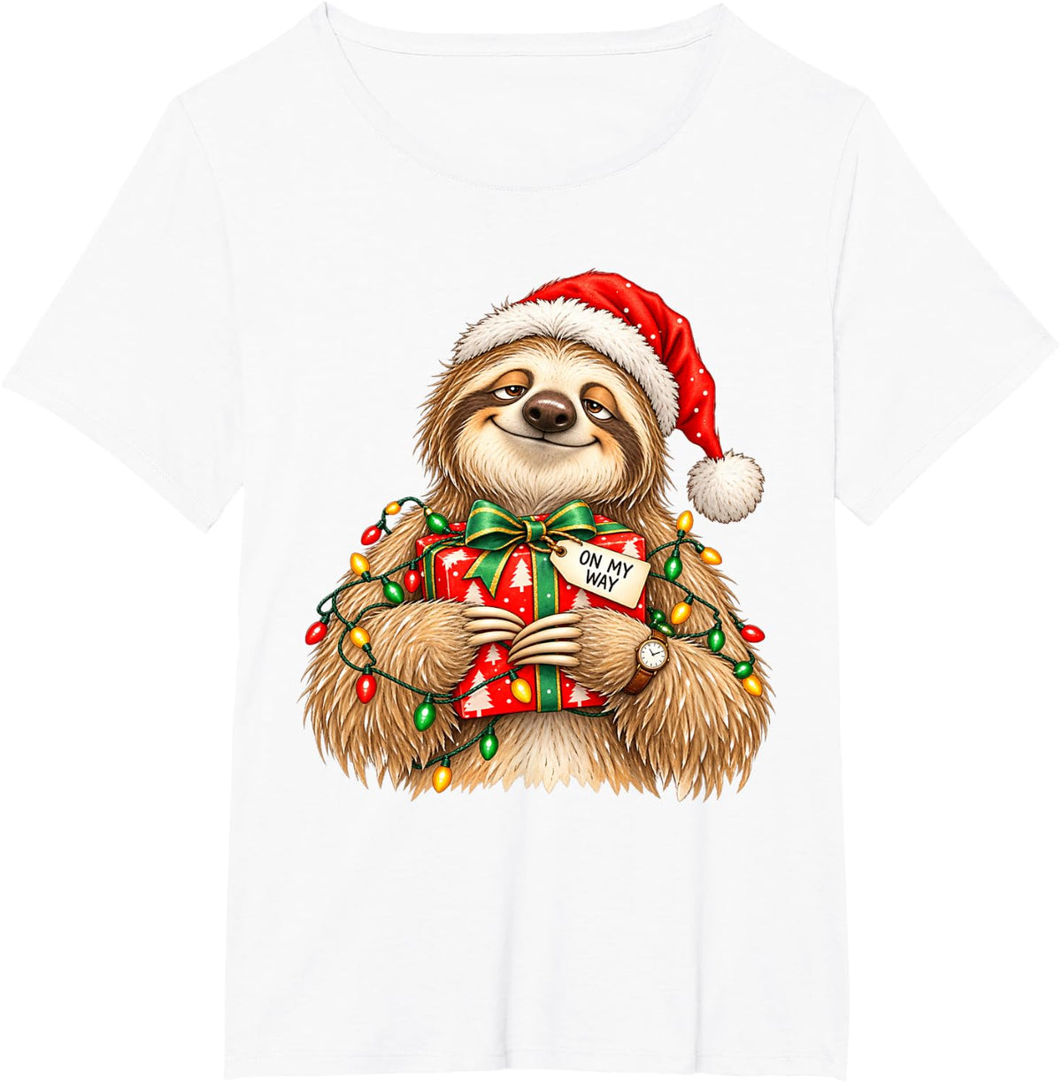 Funny Christmas Sloth On My Way Santa Hat Holiday Lights T-Shirt - White