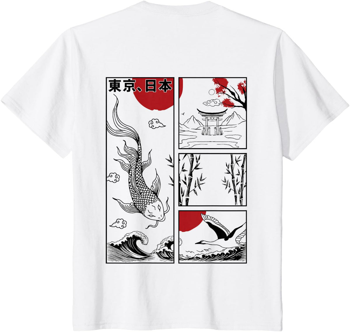 Japanese Koi Fish The Great Wave Off Kanagawa Kanji (Back) T-Shirt - White