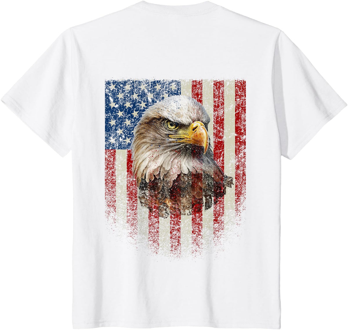 (Art on Back) Patriotic US Flag with American Eagle T-Shirt - White