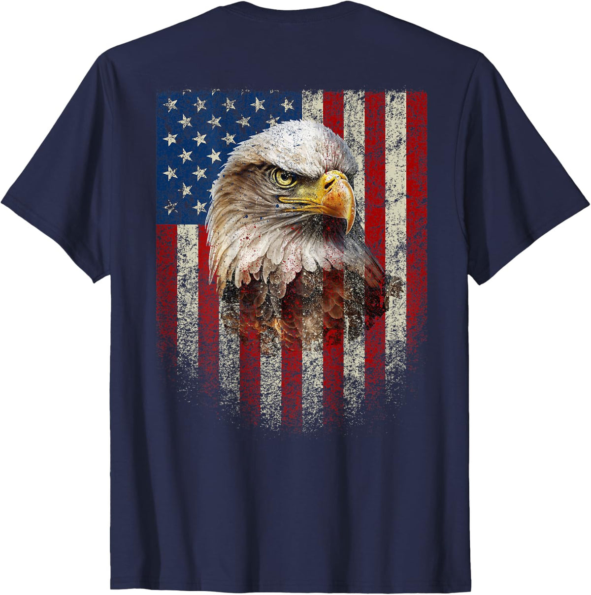 (Art on Back) Patriotic US Flag with American Eagle T-Shirt - Navy Blue