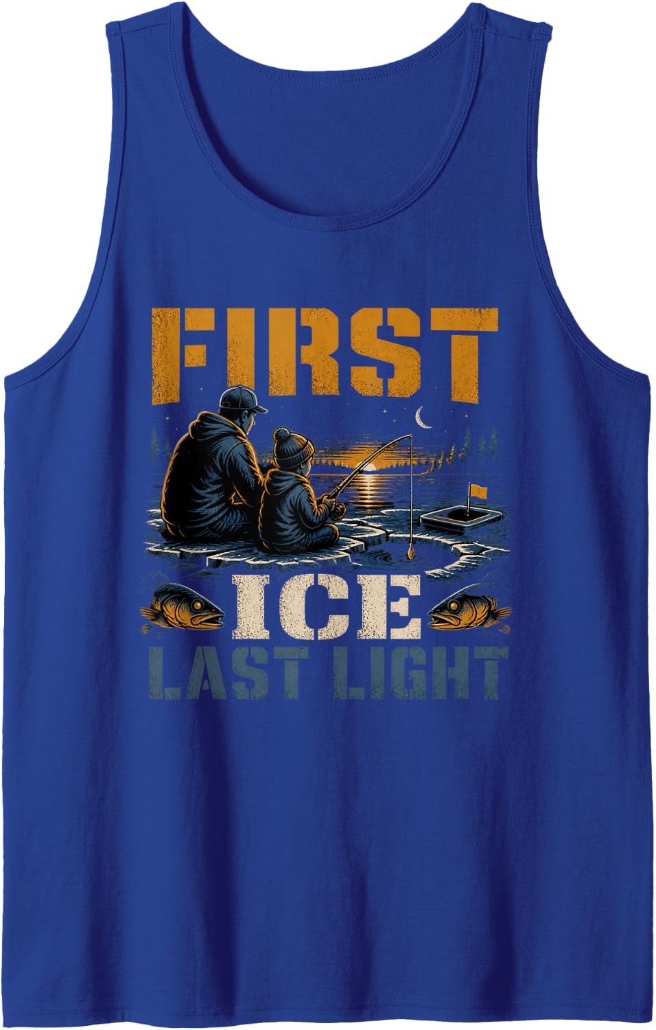 First Ice Last Light Walleye Fishing Angler Night Jigging Sleeveless Tank Top - Royal Blue