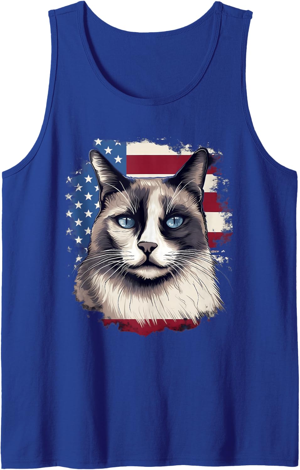 4th of July US Flag Snowshoe Cat Sleeveless Tank Top - Royal Blue
