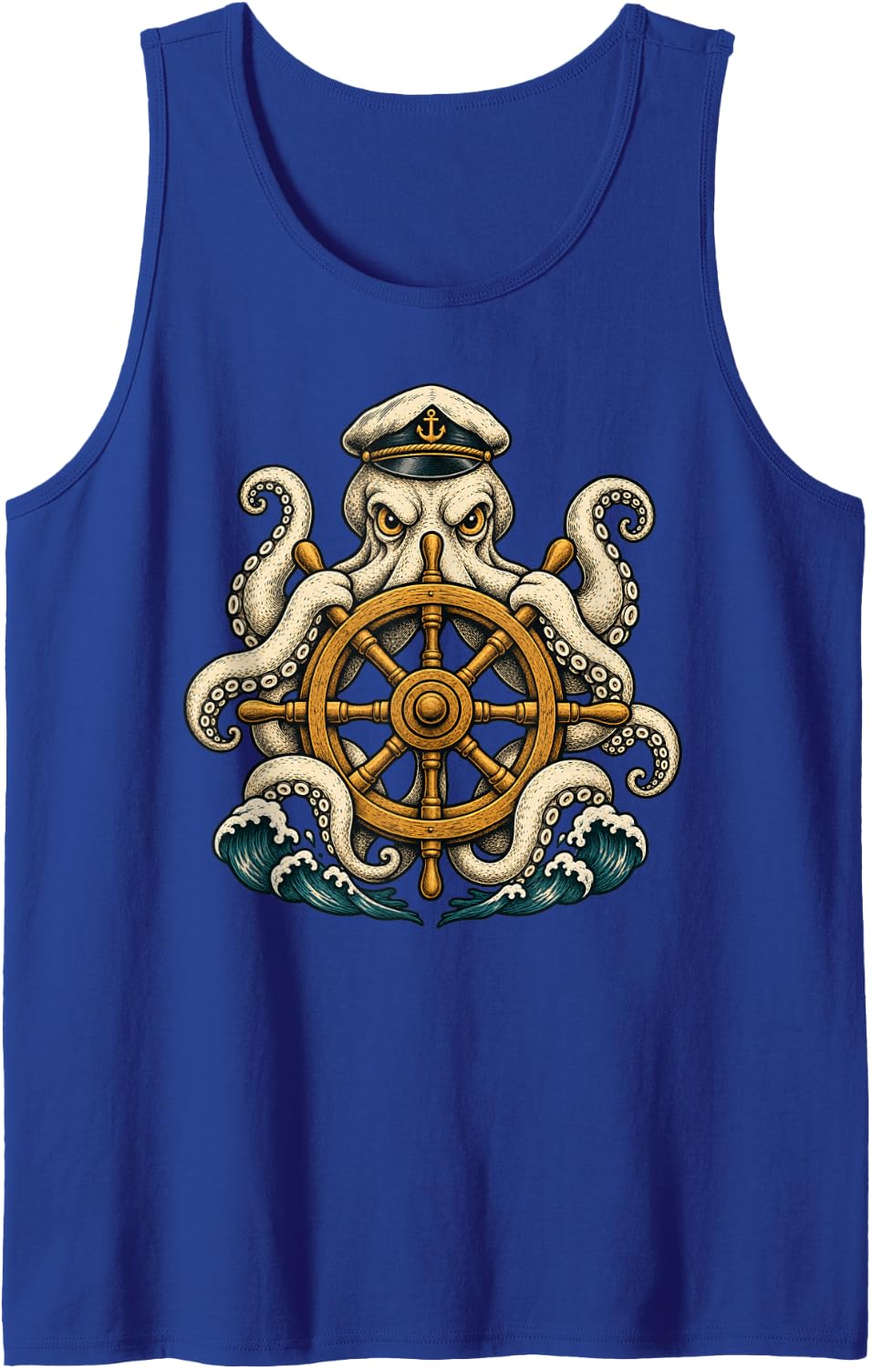 Vintage Octopus Captain Nautical Sailing Sleeveless Tank Top - Royal Blue