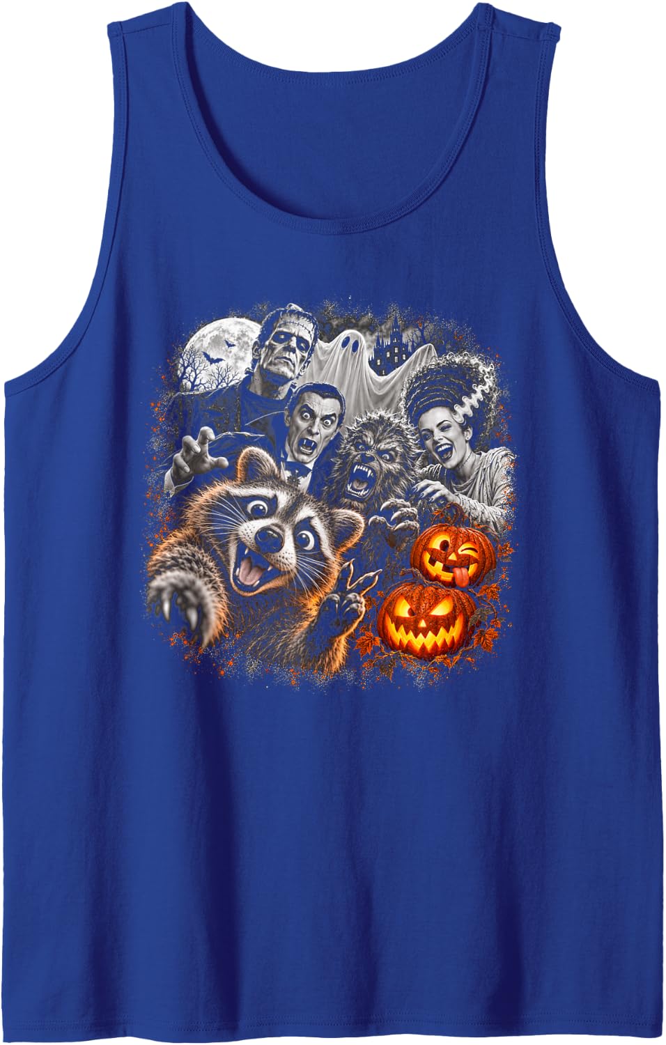 Halloween Raccoon Monster Selfie Stacked Pumpkins Art Sleeveless Tank Top - Royal Blue