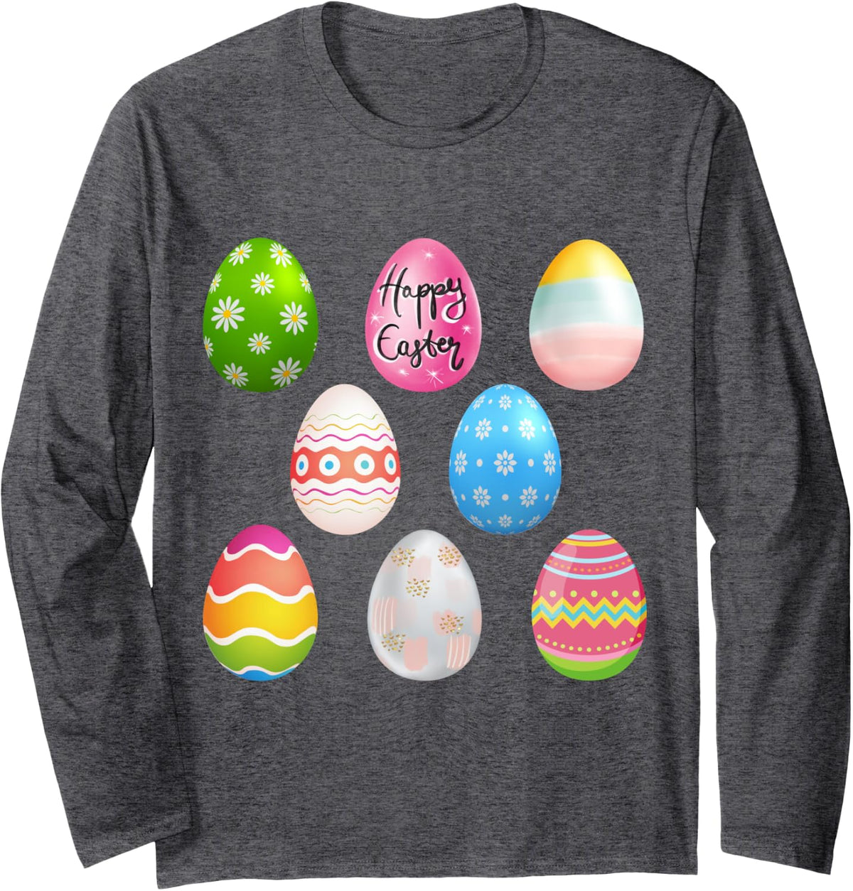Happy Easter Sunday fun decorated bunny egg designs tee Long Sleeve T-Shirt - Adult Unisex Dark Heather Grey