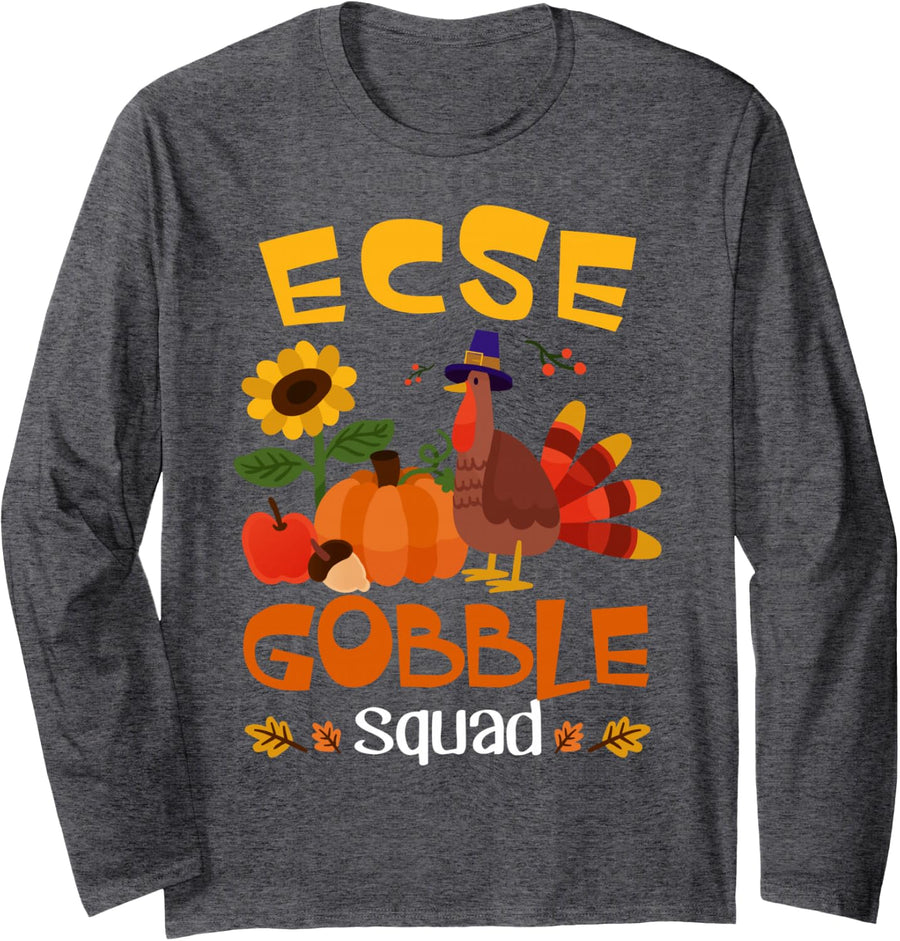 ECSE Gobble Squad Turkey Thanksgiving Long Sleeve T-Shirt - Adult Unisex Dark Heather Grey