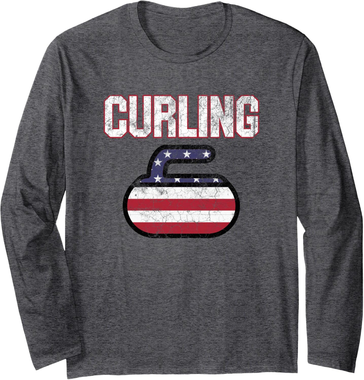 USA American Flag Curling Stone For Men Women T Shirt Long Sleeve T-Shirt - Adult Unisex Dark Heather Grey