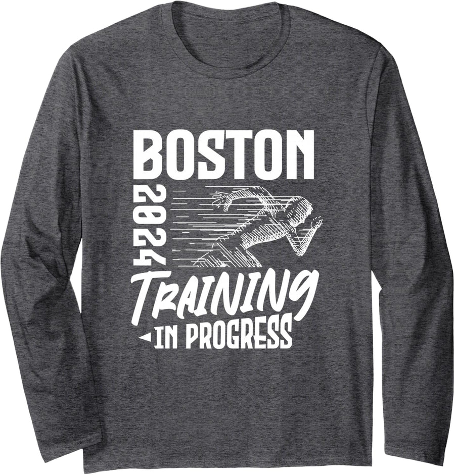 Boston 2024 Training in Progress Marathon Running Long Sleeve T-Shirt - Adult Unisex Dark Heather Grey