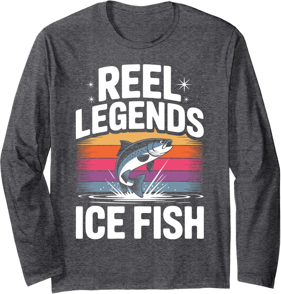 Retro Ice Fisher Legends Ice Fishing Long Sleeve T-Shirt - Adult Unisex Dark Heather Grey
