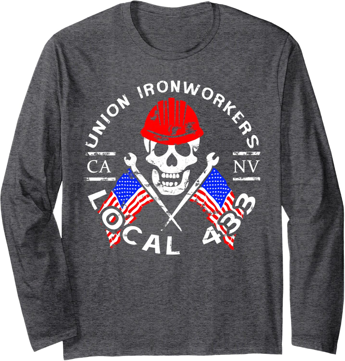 Union Ironworkers Local 433 American Flag Spud Hard Hat Long Sleeve T-Shirt - Adult Unisex Dark Heather Grey