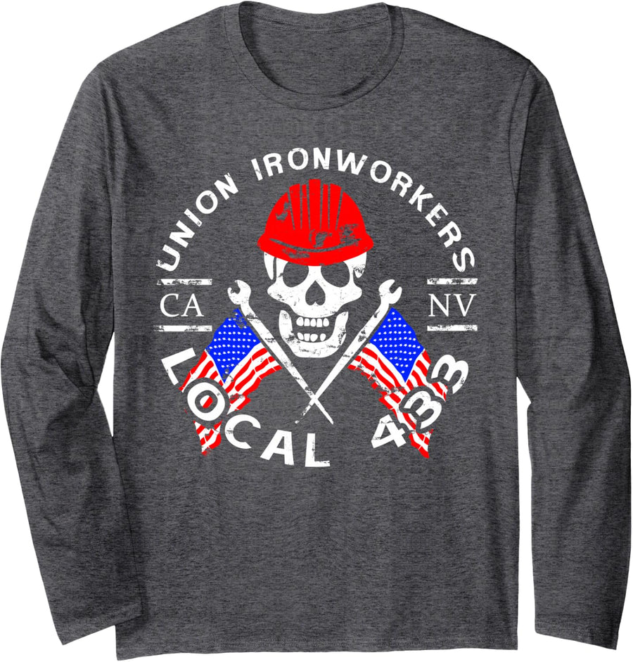 Union Ironworkers Local 433 American Flag Spud Hard Hat Long Sleeve T-Shirt - Adult Unisex Dark Heather Grey