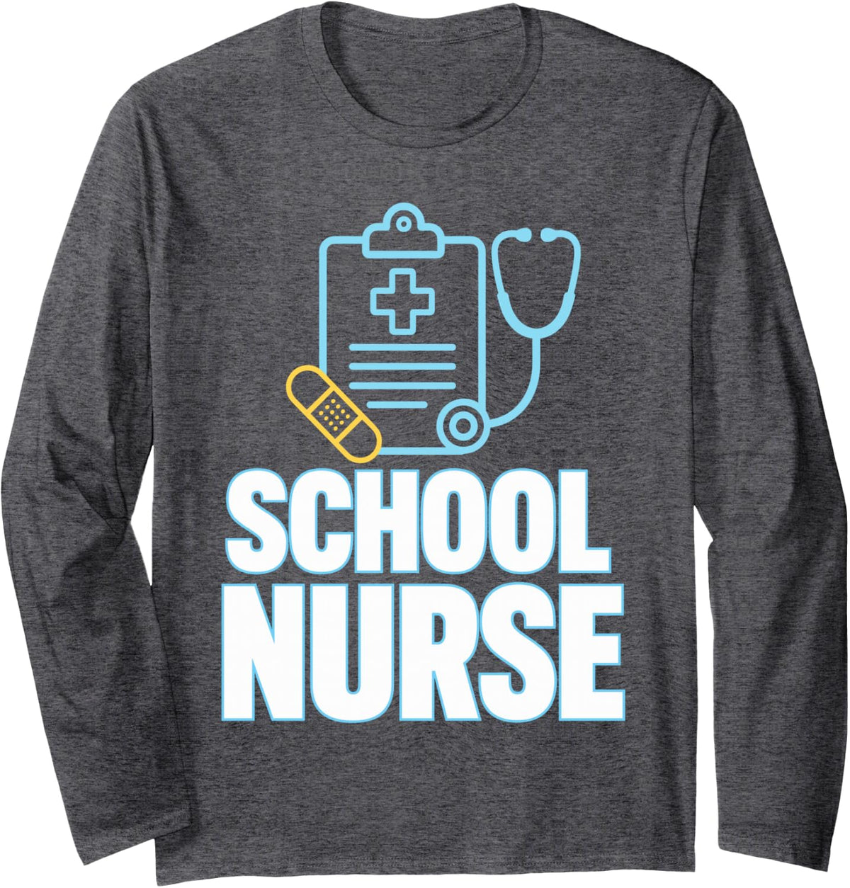 School Nurse Stethoscope Clipboard Bandage Medical Long Sleeve T-Shirt - Adult Unisex Dark Heather Grey