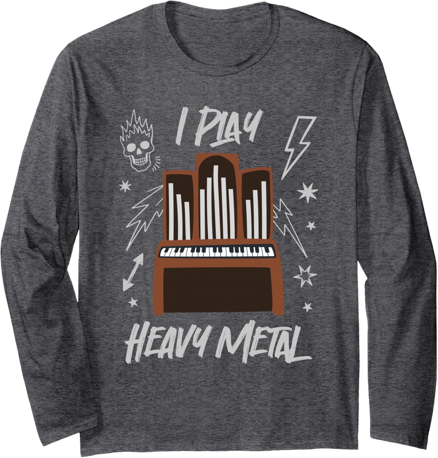 Play Heavy Metal Organist Humor Long Sleeve T-Shirt - Adult Unisex Dark Heather Grey
