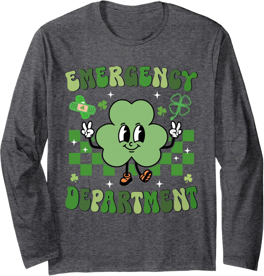 Emergency Department Nurse St Patricks Day Shamrock Nursing Long Sleeve T-Shirt - Adult Unisex Dark Heather Grey