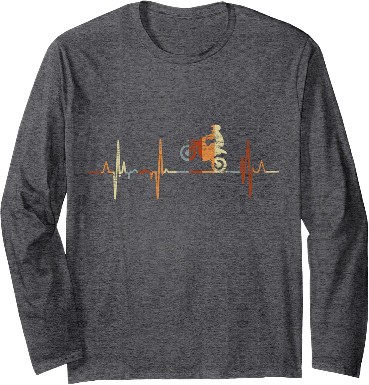 Motocross Heartbeat Vintage ECG Cardiogram Retro Long Sleeve T-Shirt - Adult Unisex Dark Heather Grey