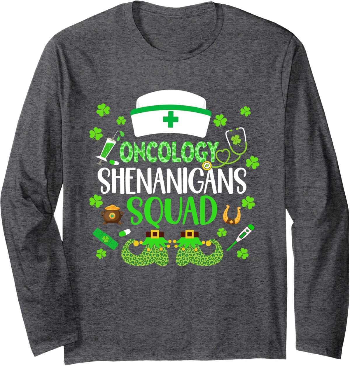 Oncology Nurse Shenanigans Crew St Patricks Day Nurse Scrub Long Sleeve T-Shirt - Adult Unisex Dark Heather Grey