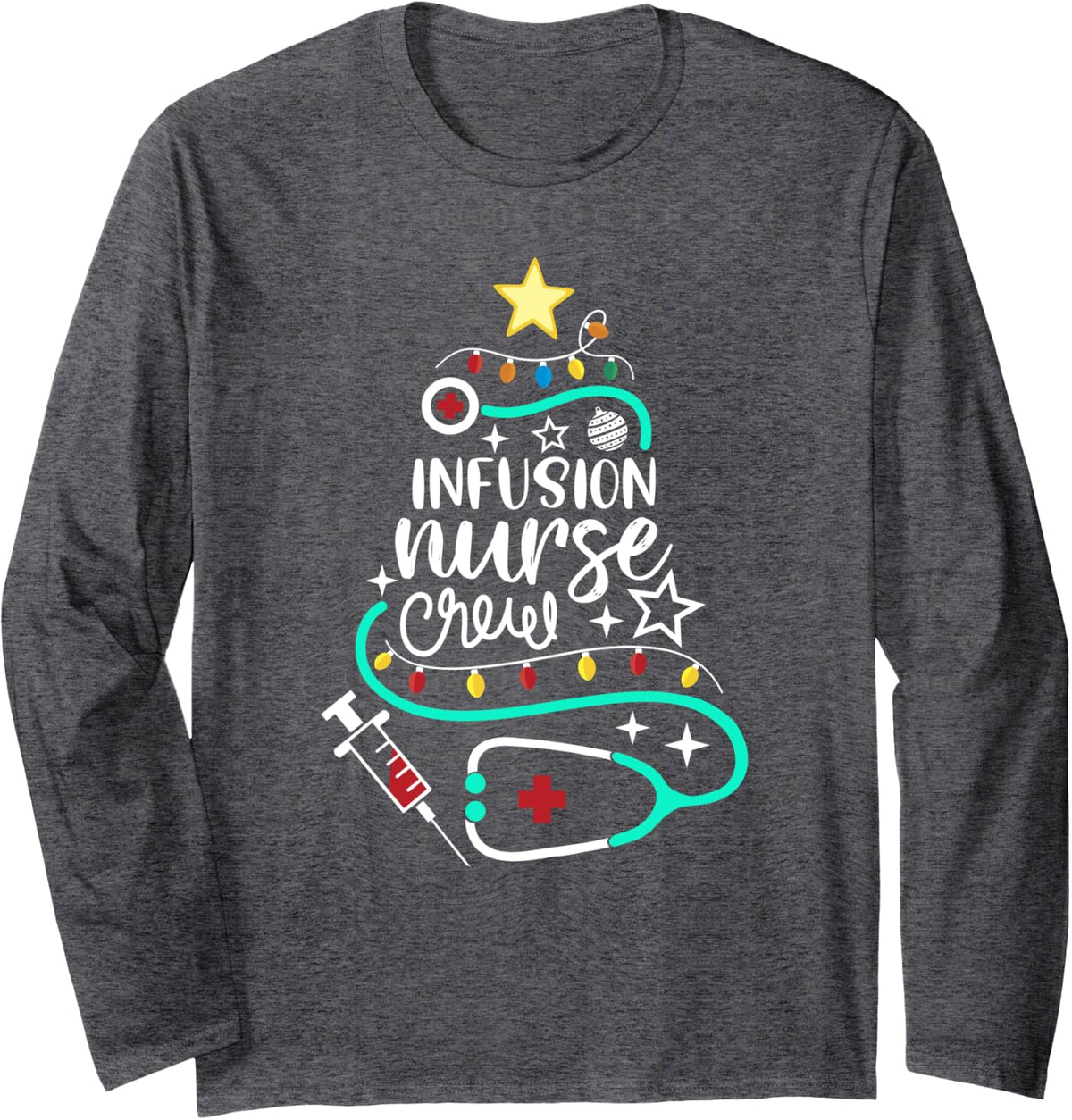 Infusion Nurse Crew - Merry Christmas Chemo Infusion Nursing Long Sleeve T-Shirt - Adult Unisex Dark Heather Grey