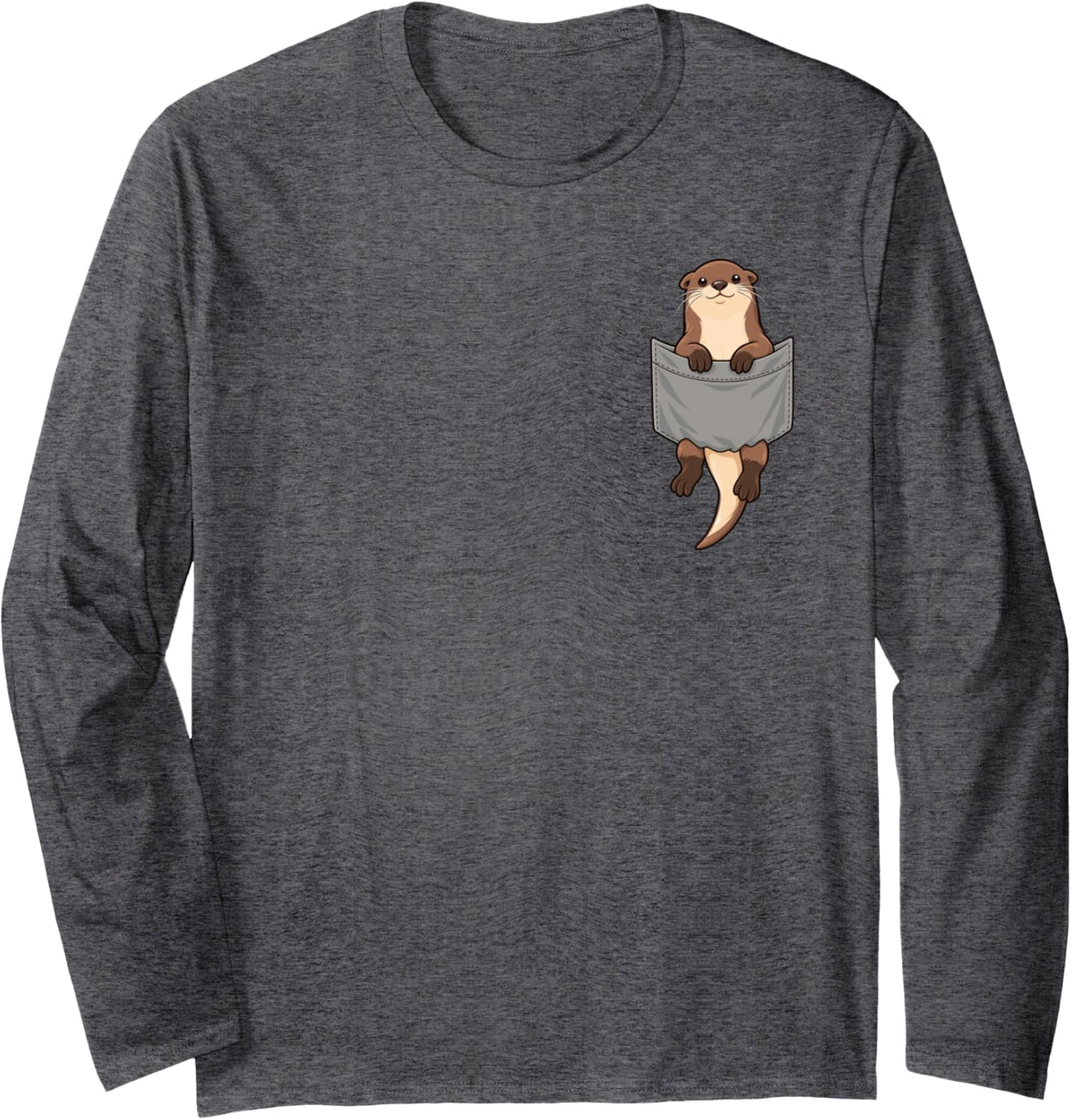 Cute Otter Peeking from Pocket Minimal Animal Art Long Sleeve T-Shirt - Adult Unisex Dark Heather Grey