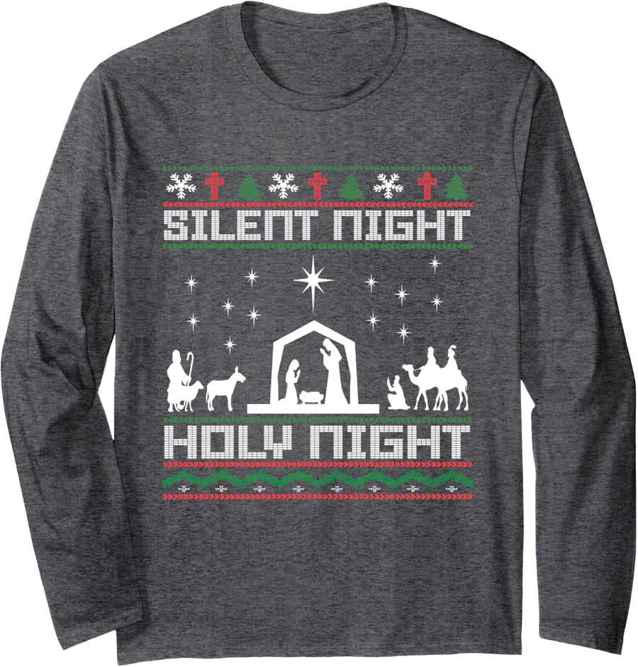 Christian Religious Ugly Christmas Sweater Top Long Sleeve T-Shirt - Adult Unisex Dark Heather Grey