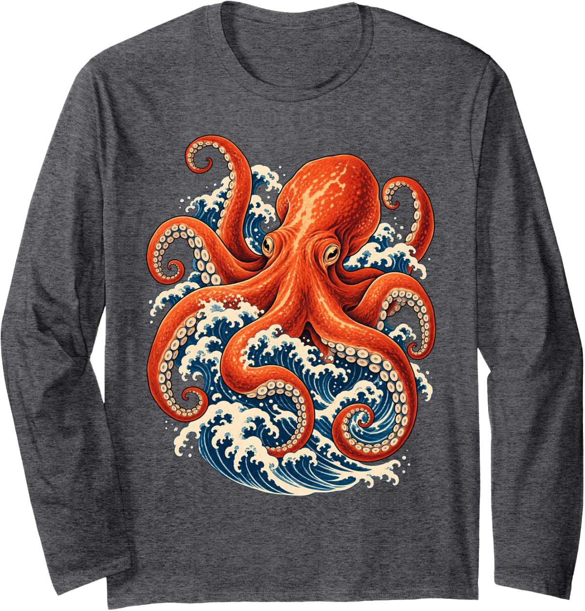 Japanese Wave Red Octopus Ocean Creature Art Long Sleeve T-Shirt - Adult Unisex Dark Heather Grey
