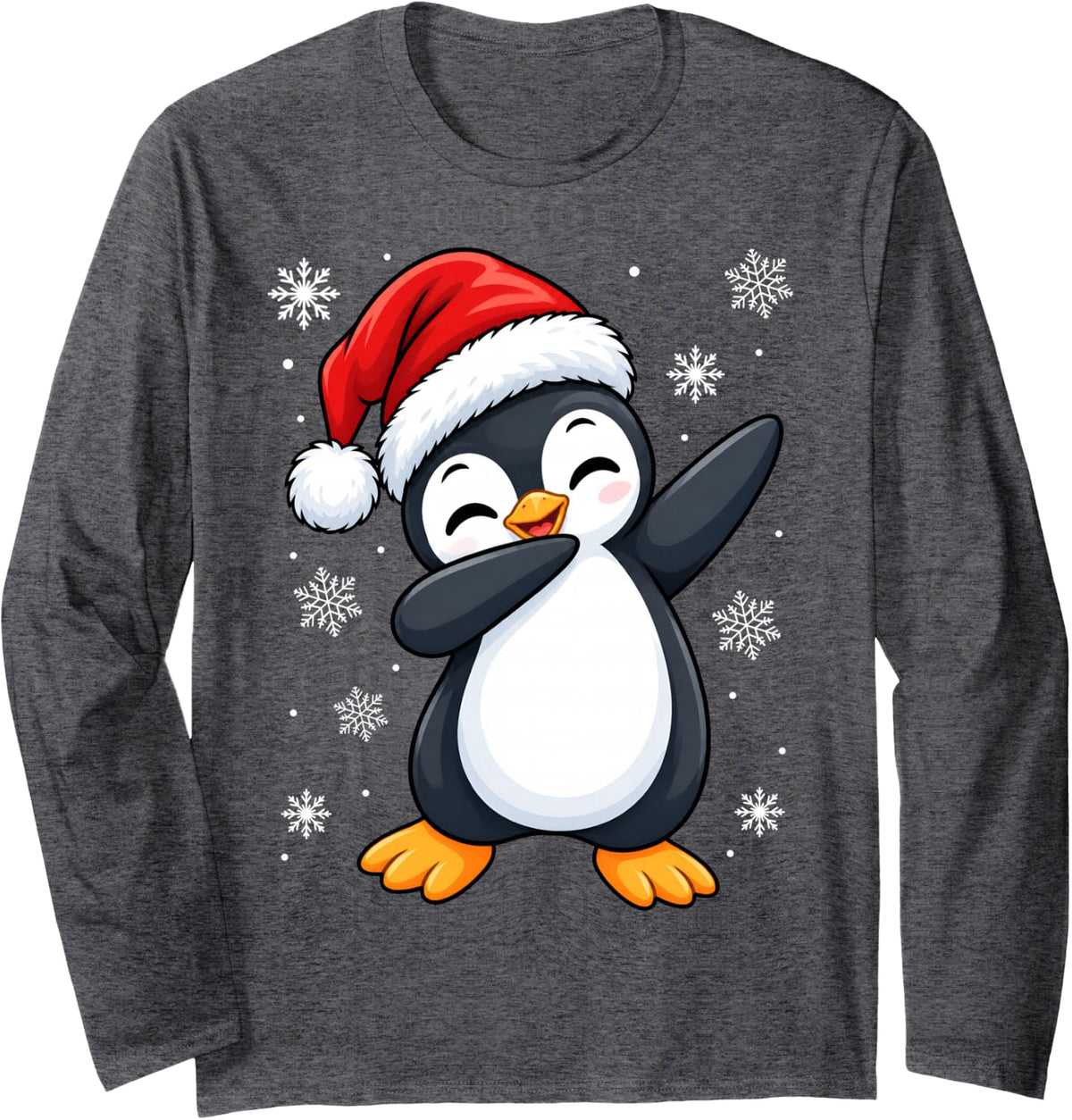 Cute Santa Hat Penguin Christmas Long Sleeve T-Shirt - Adult Unisex Dark Heather Grey