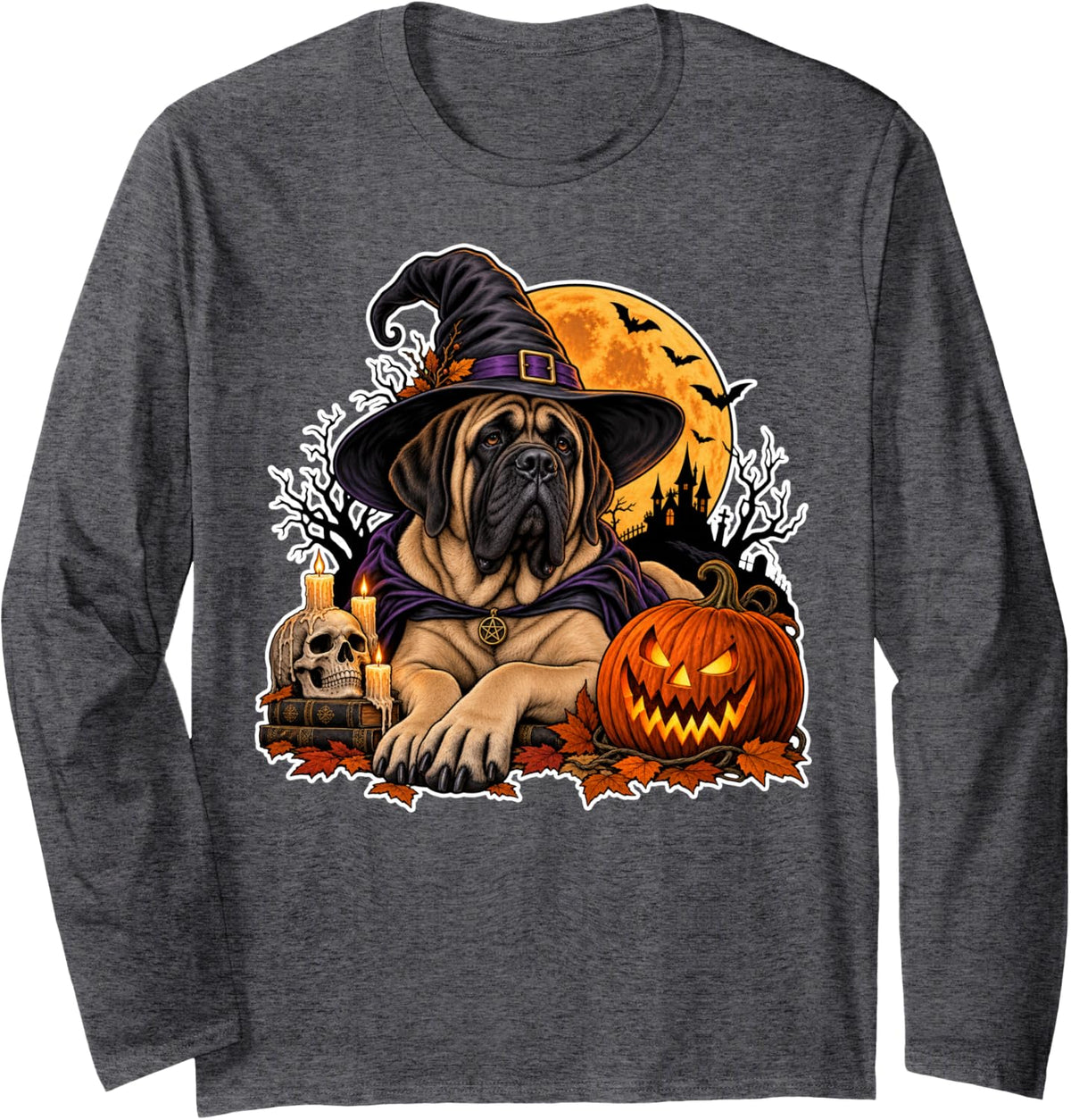Mastiff Witch Dog Halloween Pumpkin Moon Gothic Skull Art Long Sleeve T-Shirt - Adult Unisex Dark Heather Grey