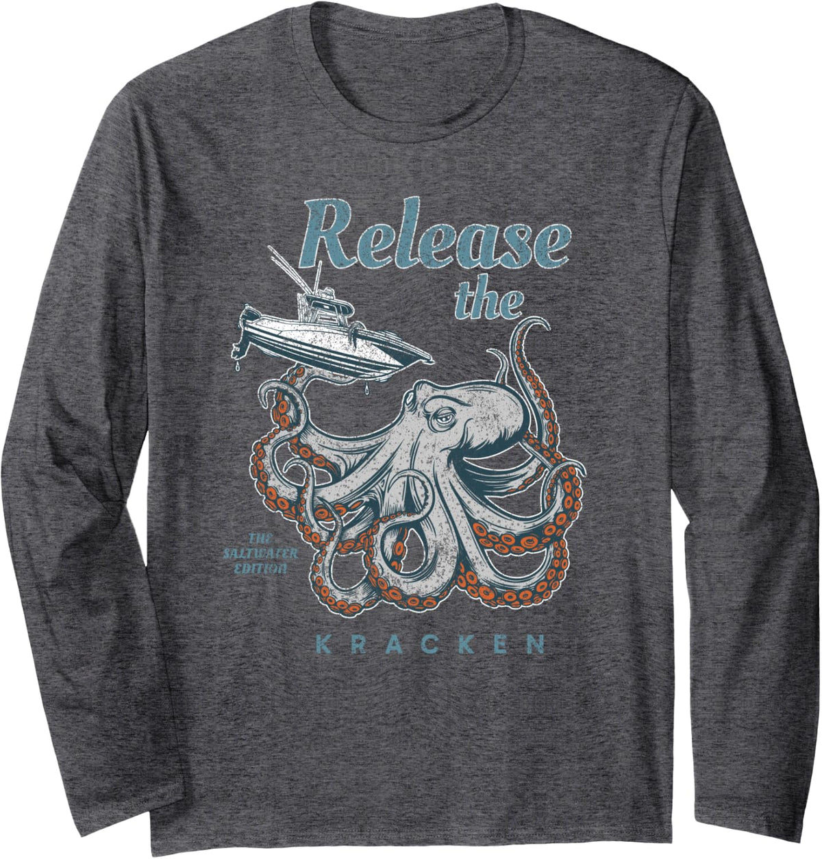 Release The Kraken Saltwater Fishing Tee Long Sleeve T-Shirt - Adult Unisex Dark Heather Grey