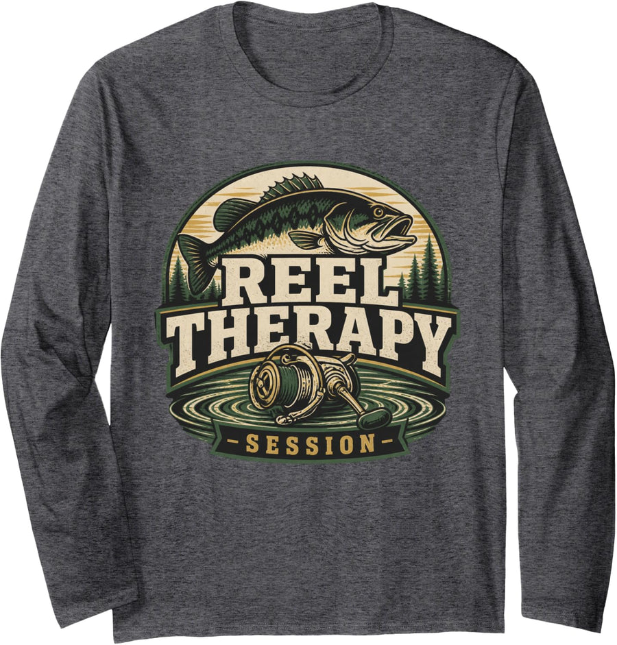 Reel Therapy Session Fishing Angler Weekend Fisherman Gift Long Sleeve T-Shirt - Adult Unisex Dark Heather Grey