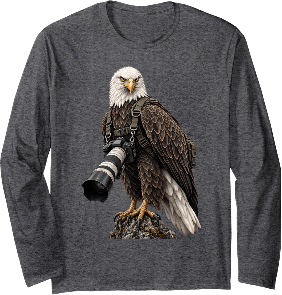 Bald Eagle Photographer with Camera Long Sleeve T-Shirt - Adult Unisex Dark Heather Grey